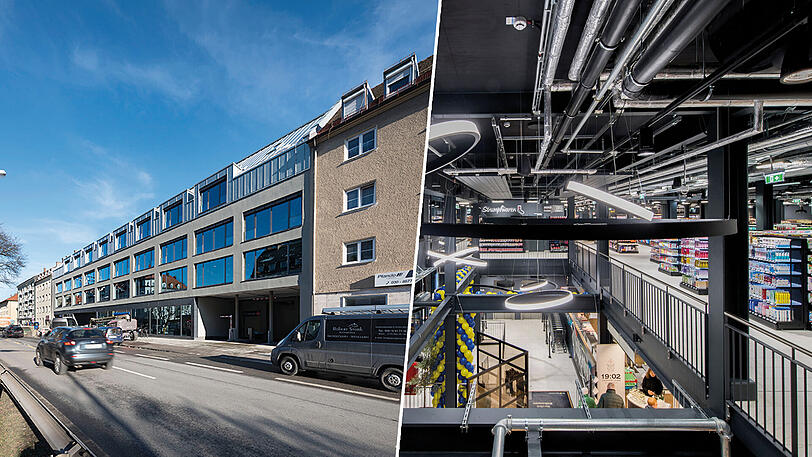 Stahlkonstruktionen und Tiefgarage des ehemaligen Kaufhauses blieben erhalten. Rechts: Zweistöckig einkaufen im neuen Edeka.
