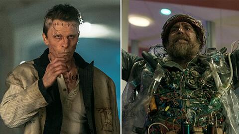 Oscarpreistr&auml;ger unter sich: Christian Bale (l.) als Neuinterpretation von Frankensteins Monster und Sam Rockwell als zotteliger Zeitreisender.