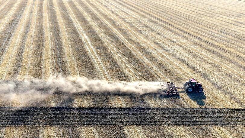 Es staubt: Ein Traktor lockert den Boden auf. Es staubt: Ein Traktor lockert den Boden auf.