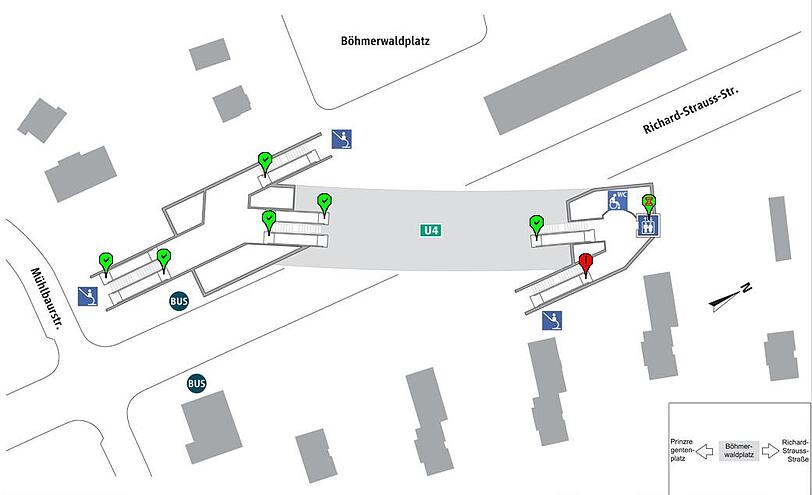 Die Lage der Aufzüge am U-Bahnof Böhmerwaldplatz.
