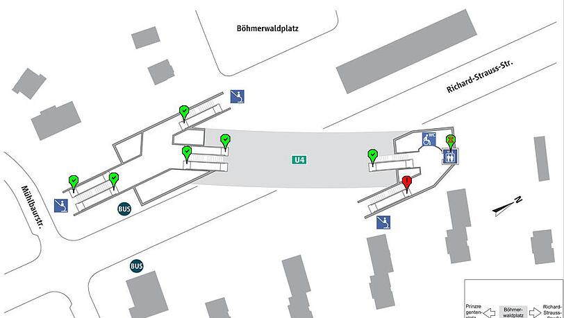Die Lage der Aufzüge am U-Bahnof Böhmerwaldplatz. Die Lage der Aufzüge am U-Bahnof Böhmerwaldplatz.