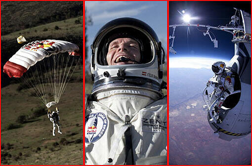 Irrer Sprung: Hier stürzt sich Extremsportler Felix Baumgartner aus 29 Kilometern Höhe in die Tiefe.