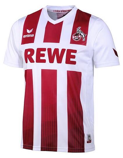 Platz 9: 1.FC KÖLN: Drei dicke roten Längsstreifen werden vom großen Sponsorenlogo auf der Brust unterbrochen und lassen das neue Shirt der Kölner in obligatorischem Rot-Weiß zum Eyecatcher werden. Liebe zum Detail wurde zudem noch im unteren Teil der Streifen bewiesen. Sehr guter Endpreis.