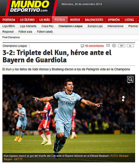El Mundo Deportivo (Spanien): "Hattrick von Kun - dem Helden gegen Guardiolas Bayern"