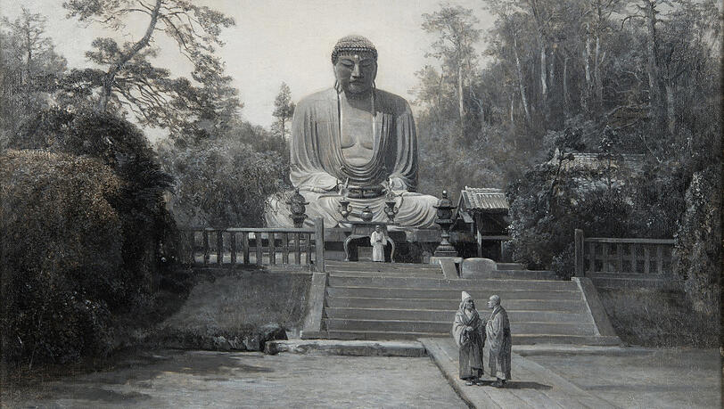 Der Daibutsu in Kamakura, gemalt von Benno Mühlig (1829-1910) in Grisaille-Technik nach Fotografien.