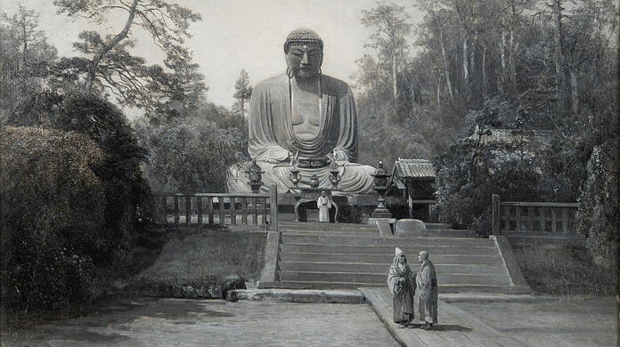 Der Daibutsu in Kamakura, gemalt von Benno Mühlig (1829-1910) in Grisaille-Technik nach Fotografien.