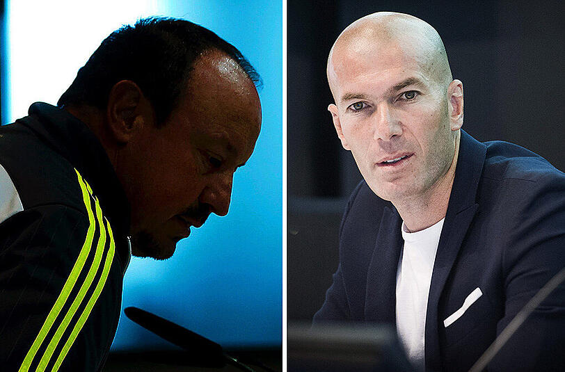 Zinedine Zidane (rechts) löst bei Real Madrid Rafael Benitez als Trainer ab.