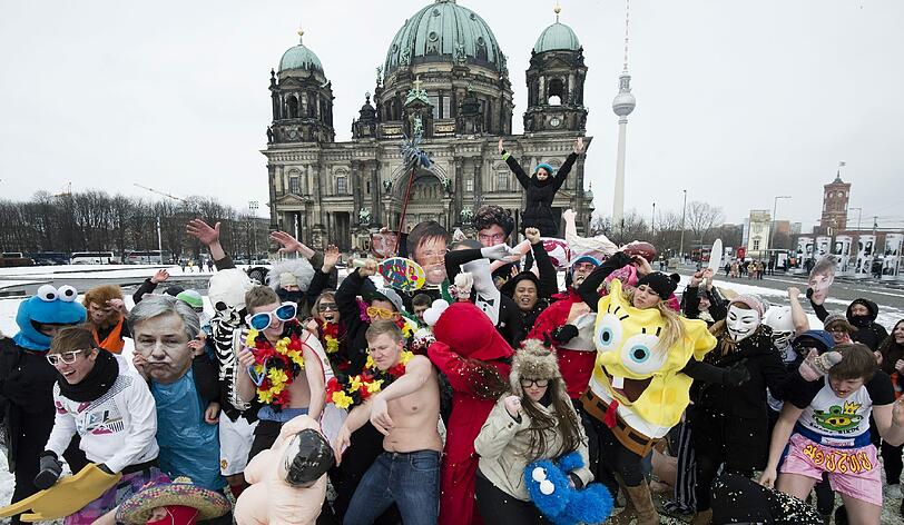 Berlin: Teilnehmer eines Flashmobs tanzen am Mittwoch (20.02.13) im Lustgarten in Berlin vor dem Berliner Dom den Modetanz "Harlem Shake". Mehrere Dutzend Teilnehmer waren am Mittwochnachmittag dem Aufruf eines Berliner Radiosenders auf Facebook gefolgt und tanzten einen Harlem Shake.