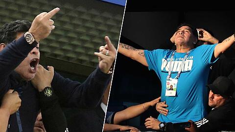 Diego Maradona gab auf der Tribüne alles: Erst präsentierte er sich (und seinen Bauch) noch freundlich, dann gab's den doppelten Stinkefinger. Die Bilder aus dem Stadion.