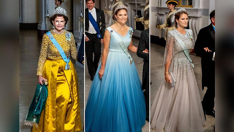 Mehr Glamour geht kaum: Königin Silvia (li.) und ihre beiden Töchter Victoria und Madeleine (re.) beim Bankett.