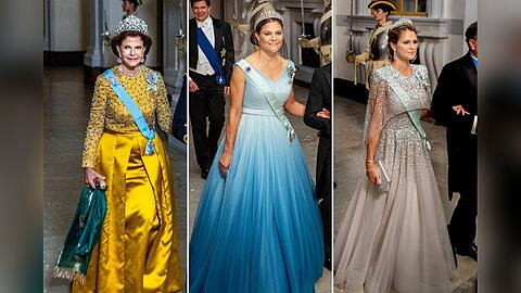 Mehr Glamour geht kaum: Königin Silvia (li.) und ihre beiden Töchter Victoria und Madeleine (re.) beim Bankett.