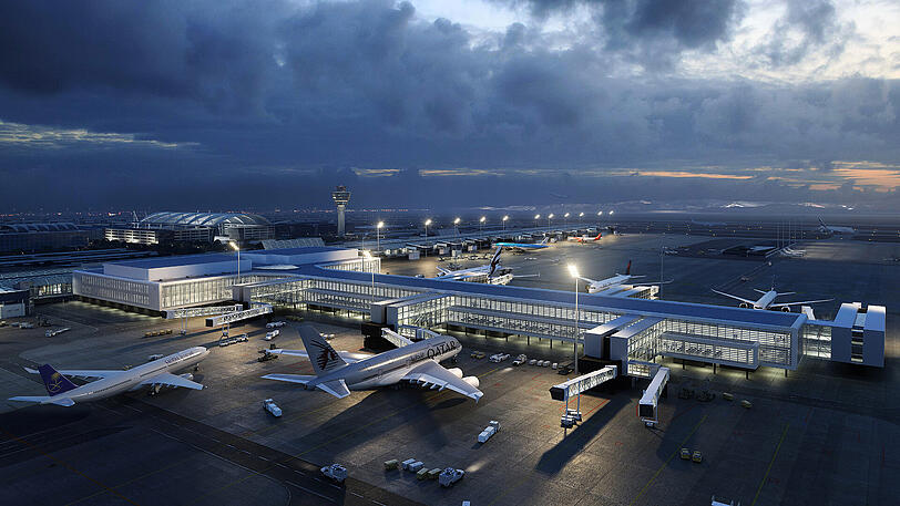 Zwölf Flugzeuge sollen an dem neuen Pier andocken können, der 320 Meter in das westliche Vorfeld hineinragt.