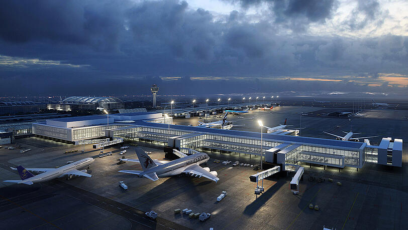 Zwölf Flugzeuge sollen an dem neuen Pier andocken können, der 320 Meter in das westliche Vorfeld hineinragt. Zwölf Flugzeuge sollen an dem neuen Pier andocken können, der 320 Meter in das westliche Vorfeld hineinragt.