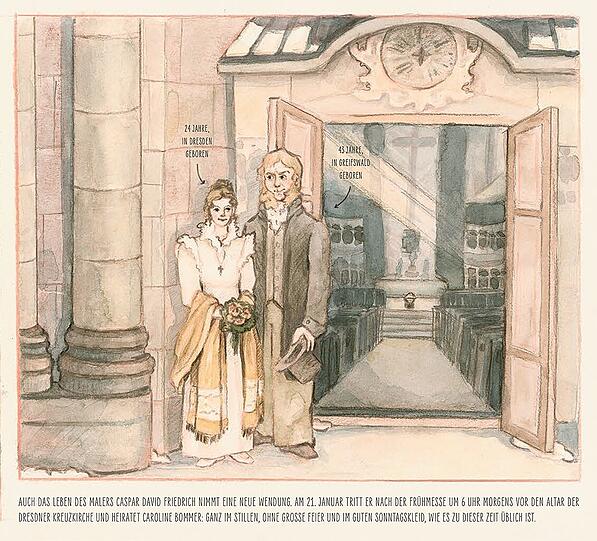 In aller Herrgottsfrühe haben Caspar David Friedrich und Caroline Bommer in der Dresdner Kreuzkirche geheiratet. Er musste schließlich schnell wieder ins Atelier.