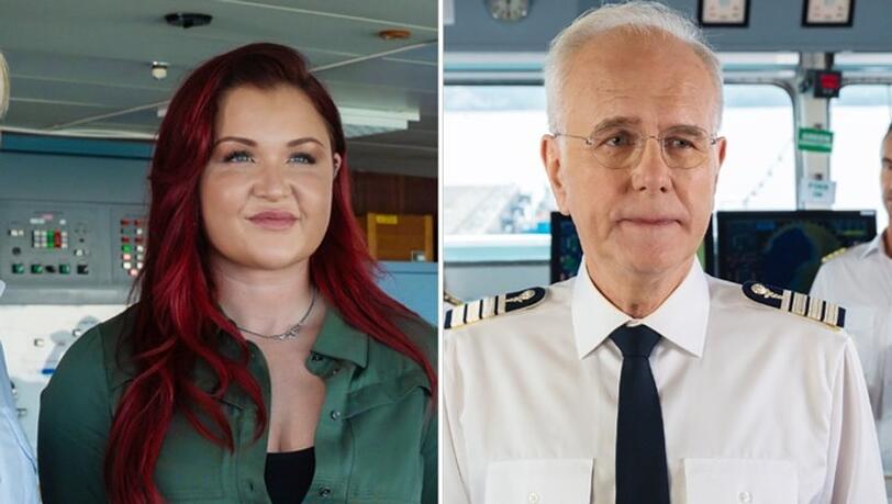 "Das Traumschiff: Auckland": Reiseinfluencerin Nina Ahrens (Sophia Thiel) begeistert Kreuzfahrtdirektor Oskar Schifferle (Harald Schmidt).