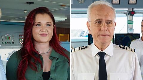 "Das Traumschiff: Auckland": Reiseinfluencerin Nina Ahrens (Sophia Thiel) begeistert Kreuzfahrtdirektor Oskar Schifferle (Harald Schmidt).