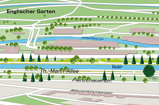 Höhe Pienzenauer straße: Der Erholung Suchende hat jetzt die Qual der Wahl: rechts der Isar führen mehrere Wege parallel zur Thomas-Mann-Allee an der Isar entlang. Oder am linken Ufer etwas abseits vom Fluss im Englischen Garten spazieren gehen.