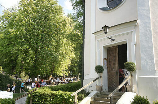 Das ist Mariabrunn: Vorne die Wallfahrtskirche, hinten der Biergarten mit ganz viel Grün.