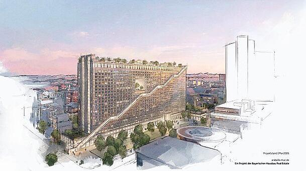 Vision ab 2035: Das neue Arabellahaus samt der längsten Außenrolltreppe Europas, einem begrünten Dach sowie einem Durchbruch, dem "Skygarden" luftiger Mitte. Vision ab 2035: Das neue Arabellahaus samt der längsten Außenrolltreppe Europas, einem begrünten Dach sowie einem Durchbruch, dem "Skygarden" luftiger Mitte.
