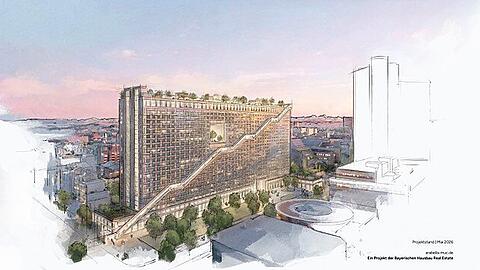 Vision ab 2035: Das neue Arabellahaus samt der l&auml;ngsten Au&szlig;enrolltreppe Europas, einem begr&uuml;nten Dach sowie einem Durchbruch, dem "Skygarden" luftiger Mitte.