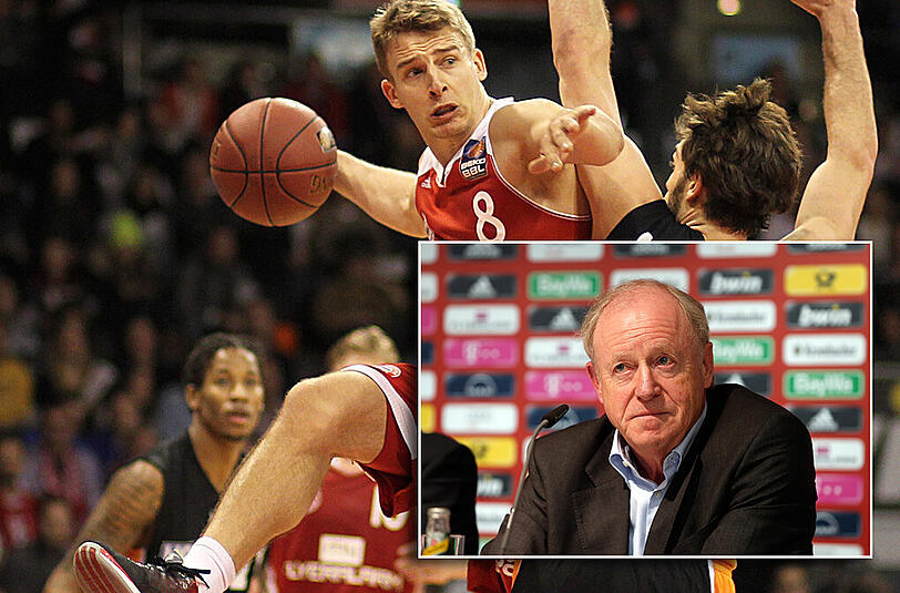 Bayerns Heiko Schaffartzik umkurvt seinen Ulmer Gegenspieler Keaton Nankivil. Kleines Bild: Rudolf Schels. Der 65-Jährige ist seit 2012 Vizepräsident des FC Bayern. Als Unternehmer hat er u.a. Discounter Netto gegründet.