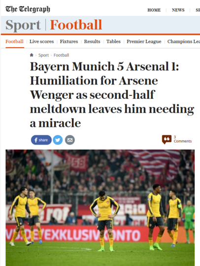 "The Telegraph": "Demütigung für Arsene Wenger. Nachdem sein Team in der zweite Halbzeit förmlich weggeswchmolzen ist, braucht er jetzt ein Wunder."