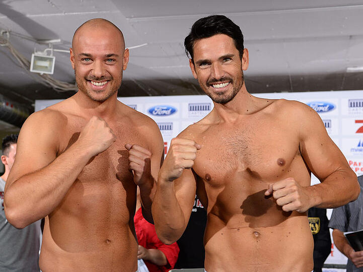 Treten beim "Promiboxen" gegeneinander an: Die Ex-"Bachelors" Christian Tews (l.) und Jan Kralitschka