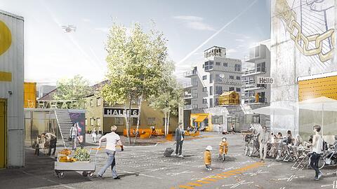 So könnte das Kreativquartier an der Dachauer Straße mal aussehen: Die Zeichnung zeigt das Areal &bdquo;Kreativlabor&ldquo; &ndash; im Hintergrund der schon existierende Projektraum &bdquo;Halle 6&ldquo;.