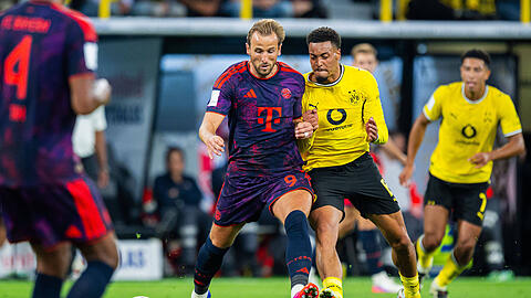 Enges Duell: Bayerns Harry Kane (l.) und der Dortmunder Felix Nmecha.