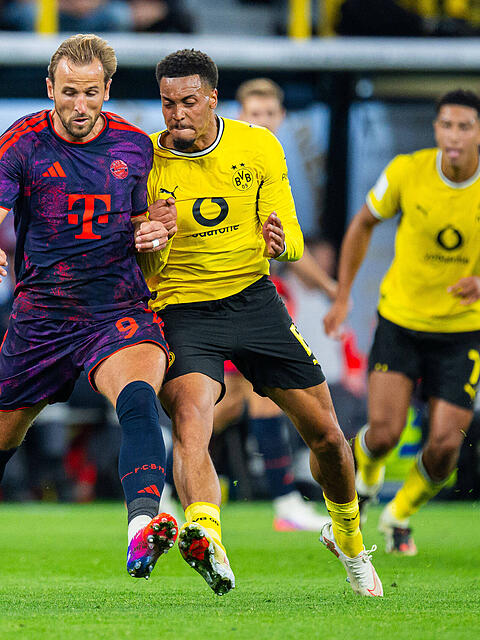 Enges Duell: Bayerns Harry Kane (l.) und der Dortmunder Felix Nmecha.
