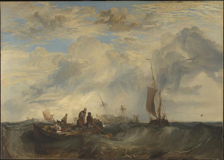 Drama! Auf einer Sandbank an der Mündung der Maas zerbricht ein Handelsschiff für Orangen. Dieses Gemälde hat William Turner 1819 ausgestellt.