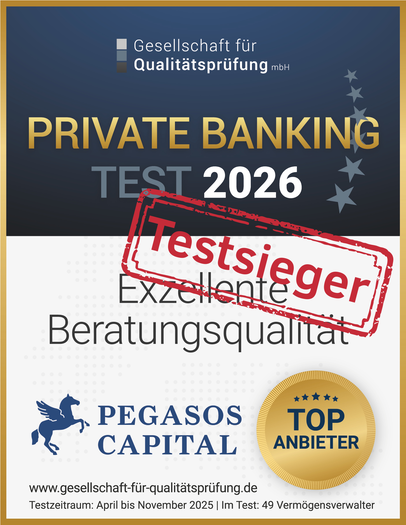 Im Private-Banking-Test 2026 der Gesellschaft f&uuml;r Qualit&auml;tspr&uuml;fung mbH erreichte Pegasos Capital&nbsp;als einziger Anbieter die Bestnote 1,0.
