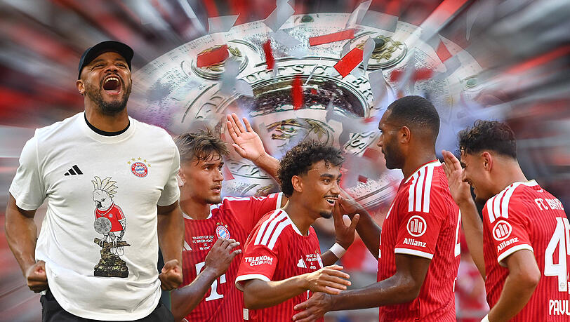 Bayern-Trainer Vincent Kompany und sein Team um Tom Bischof, Nathaniel Brown, Jonathan Tah und Aleksandar Pavlovic (v.l.) er&ouml;ffnen die Bundesliga-Saison 2026/27 mit dem Heimspiel gegen den VfB Stuttgart. Das Ziel ist wie jedes Jahr klar der Meistertitel &ndash; und noch viel mehr.