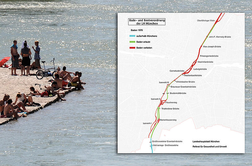 Die Badeverordnung der Stadt München: Die roten Stellen markieren die Badeverbotszonen entlang der Isar.