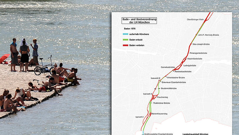 Die Badeverordnung der Stadt München: Die roten Stellen markieren die Badeverbotszonen entlang der Isar.