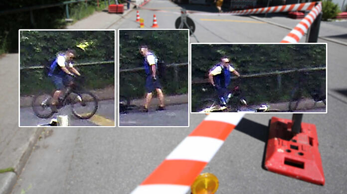 Körnige Bilder: Mit diesen Aufnahmen einer Kamera fahndet die Polizei nach dem flüchtigen Fahrradfahrer.