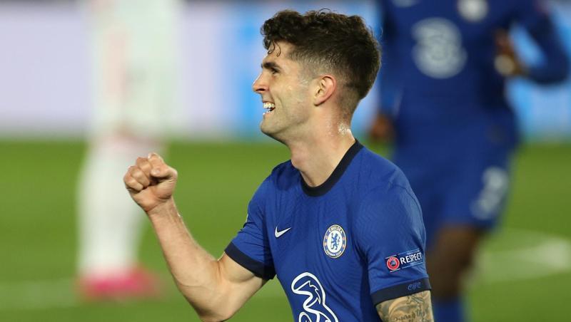 Christian Pulisic vom FC Chelsea jubelt über sein Tor zum 1:0 gegen Real Madrid. Christian Pulisic vom FC Chelsea jubelt über sein Tor zum 1:0 gegen Real Madrid.