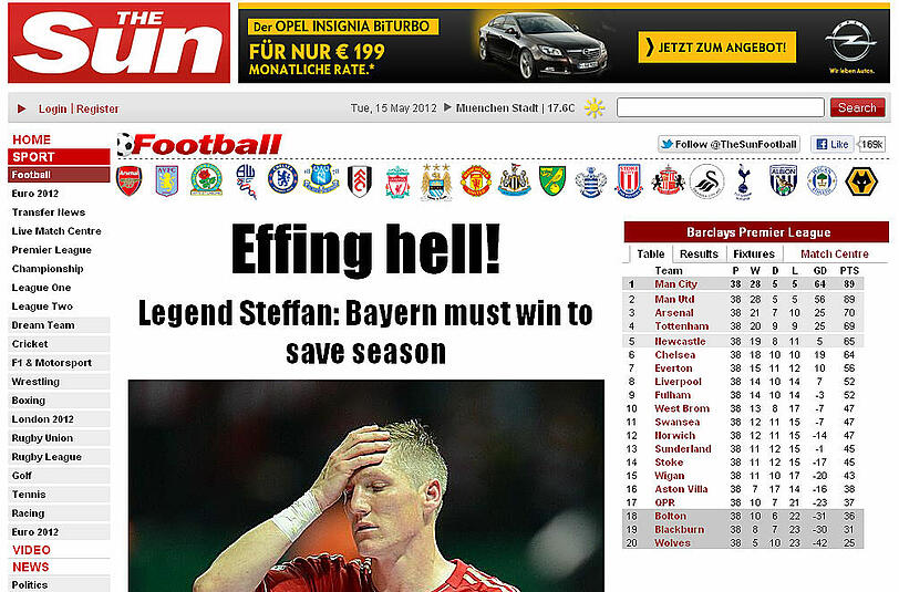 Weniger optimistisch ist die SUN: Sie zitiert die "deutsche Legende" Steffan Effenberg, laut dem Bayern nach der Niederlage gegen Dortmund "am Rande des Desasters" steht. Die Bayern seien "zu berechenbar" und verließen sich zu sehr auf Robben und Ribéry, so Effenberg. Nur ein Sieg gegen Chelsea könne die Saison der Bayern jetzt noch retten, zitiert die SUN - "Der Druck auf Kapitän Schweinsteiger ist groß."