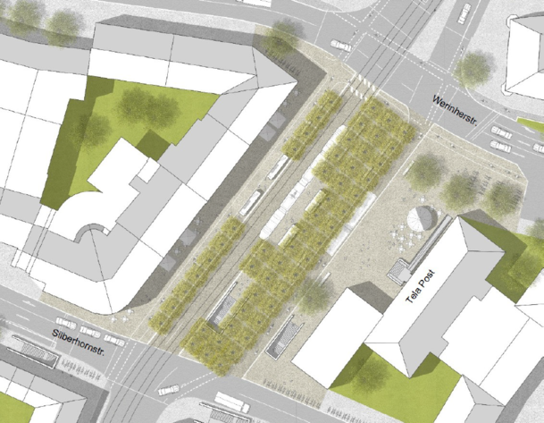 Der Platz von oben: So soll der Tegernseer Platz mal aussehen – Planungsstand 2021.