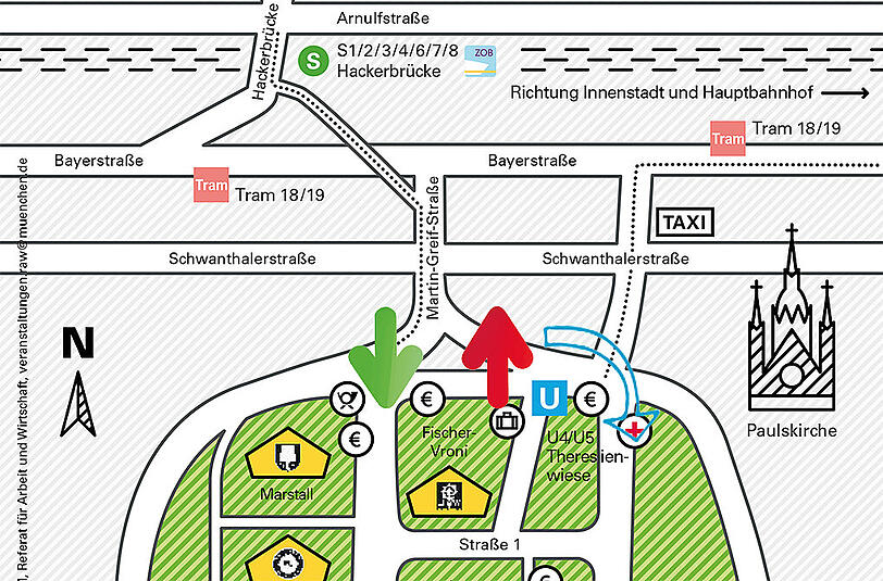 An der vorgelagerten Verkehrsinsel am Haupteingang sollen sich am Wochenende die Besucherströme trennen. Wer mit der U-Bahn kommt, wird zudem in Richtung Schaustellerstraße abgeleitet.