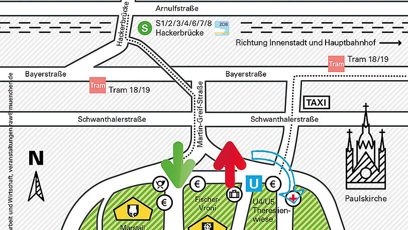 An der vorgelagerten Verkehrsinsel am Haupteingang sollen sich am Wochenende die Besucherströme trennen. Wer mit der U-Bahn kommt, wird zudem in Richtung Schaustellerstraße abgeleitet.