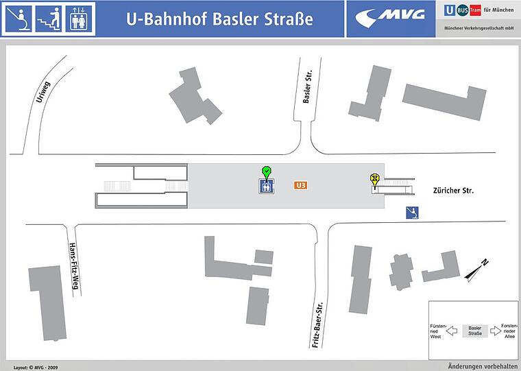 Der Aufzug am U-Bahnhof Basler Straße (grüner Haken) wird ab Montag, 26. August, erneuert.