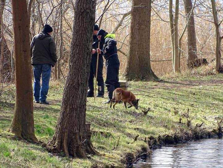 Polizeibeamte mit einem Spürhund suchen am Ufer des Storkower Kanals nahe dem Wolziger See im Landkreis Dahme-Spreewald nach der vermissten Rebecca.