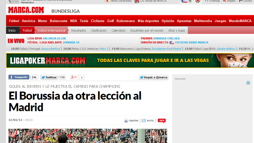 In Spanien nimmt man die Niederlage der Bayern natürlich besonders interessiert zur Kenntnis. Marca titelt: "Die Borussia gibt Madrid eine weitere Lektion". In Spanien nimmt man die Niederlage der Bayern natürlich besonders interessiert zur Kenntnis. Marca titelt: "Die Borussia gibt Madrid eine weitere Lektion".