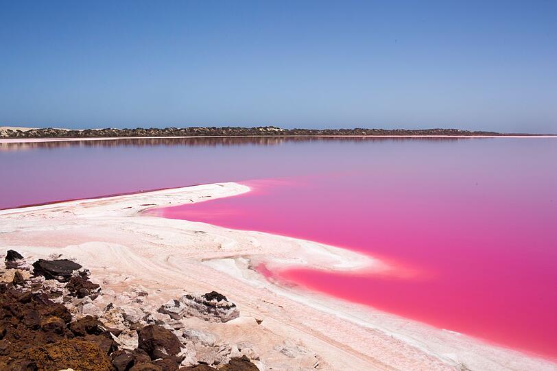 Ändern sich Wetter- und Lichtverhältnisse, erscheint der See auch mal in unterschiedlichen Orange- und Rottönen. Schuld an den Farben ist die Carotin-produzierende Alge Dunaliella salina. Ändern sich Wetter- und Lichtverhältnisse, erscheint der See auch mal in unterschiedlichen Orange- und Rottönen. Schuld an den Farben ist die Carotin-produzierende Alge Dunaliella salina.
