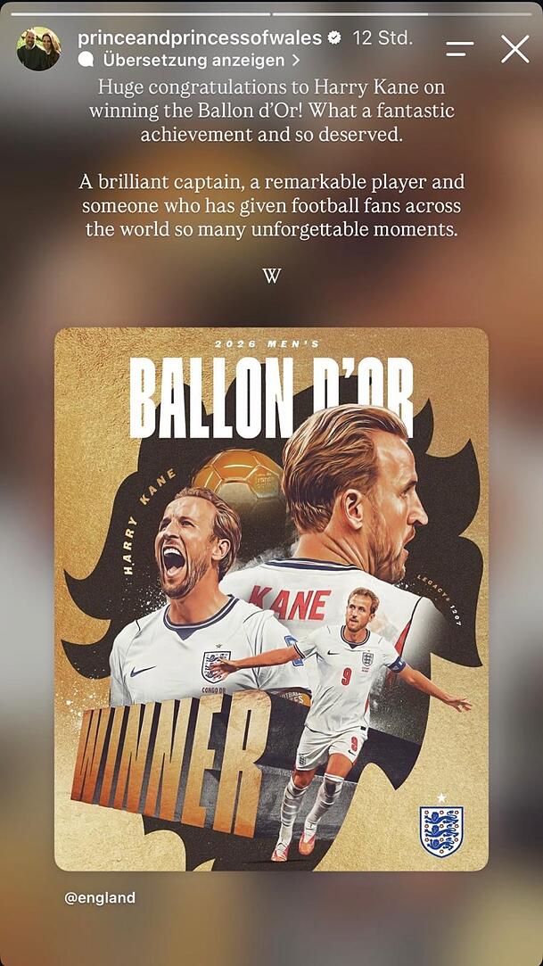 Prinz William gratuliert Harry Kane zum Gewinn des Ballon d'Or. Prinz William gratuliert Harry Kane zum Gewinn des Ballon d'Or.