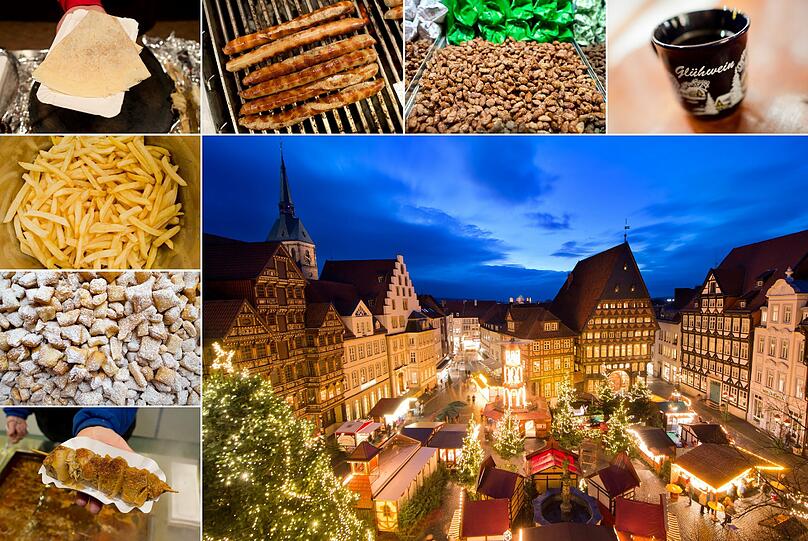 Der Weihnachtsmarkt auf dem historischen Marktplatz in Hildesheim (Niedersachsen) und die typischen "kulinarischen Höhepunkte" eines deutschen Weihnachtsmarktes: Crepes, Bratwurst, gebrannte Mandeln, Glühwein, Pommes, Schmalzkuchen und Schaschlikspieß.
