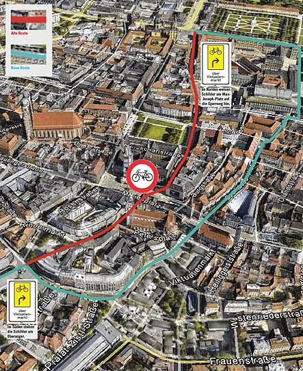 Radler müssen künftig einen Bogen um den Marienplatz fahren. Wegen des Umbaus des Hugendubel-Hauses ist die Durchfahrt dort von heute an verboten.