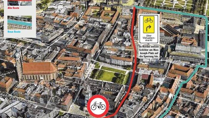 Radler müssen künftig einen Bogen um den Marienplatz fahren. Wegen des Umbaus des Hugendubel-Hauses ist die Durchfahrt dort von heute an verboten. Radler müssen künftig einen Bogen um den Marienplatz fahren. Wegen des Umbaus des Hugendubel-Hauses ist die Durchfahrt dort von heute an verboten.