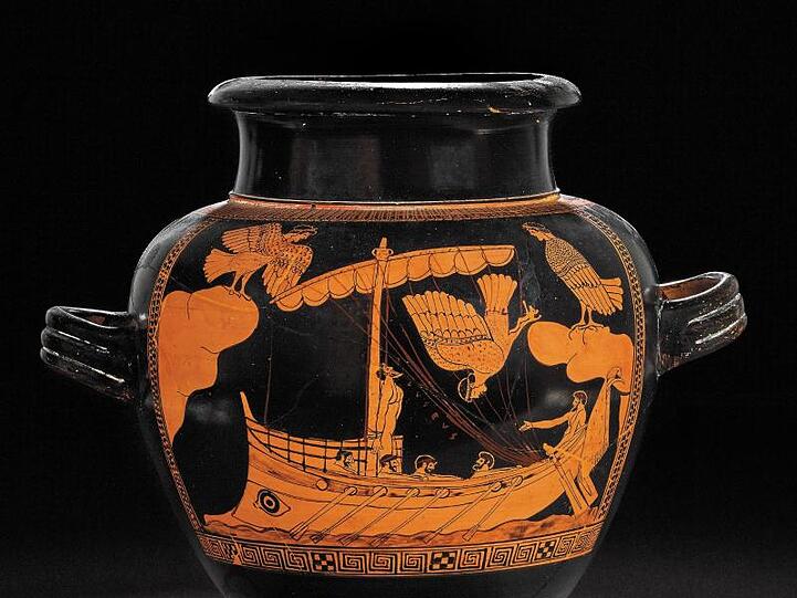 Keramikvase "Odysseus und die Sirenen" (ca 480 vor Christi) in der Ausstellung "Troja: Mythos und Realität" im British Museum.